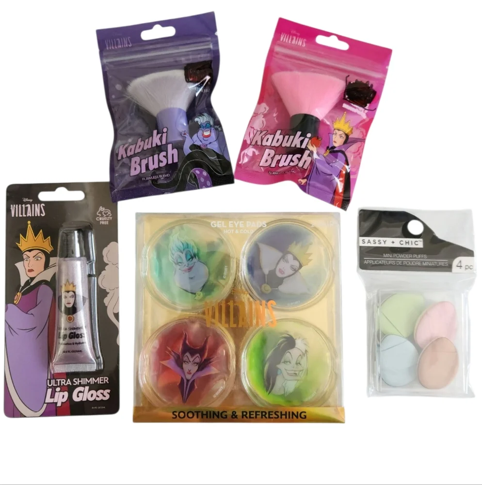 Disney Evil Villians Lip Gloss & Kabuki Makeup Brushes Gel Eye Pads Powder Puffs